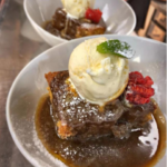 Sticky toffee pudding with Cheshire Farm vanilla pod icecream and salted caramel sauce